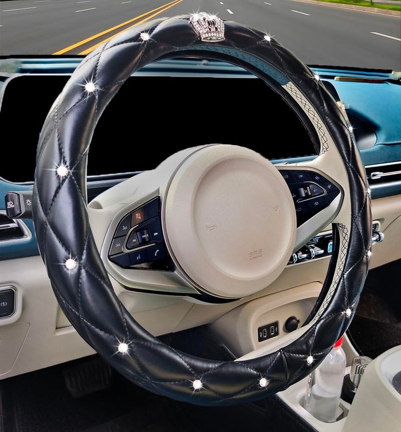 acdiac Full Sparkly Rhinestone car Steering Wheel Cover Universal Leather Steering Wheel Cover Auto Car Styling Interior Decor Accessories (Black Crown) - Image 1